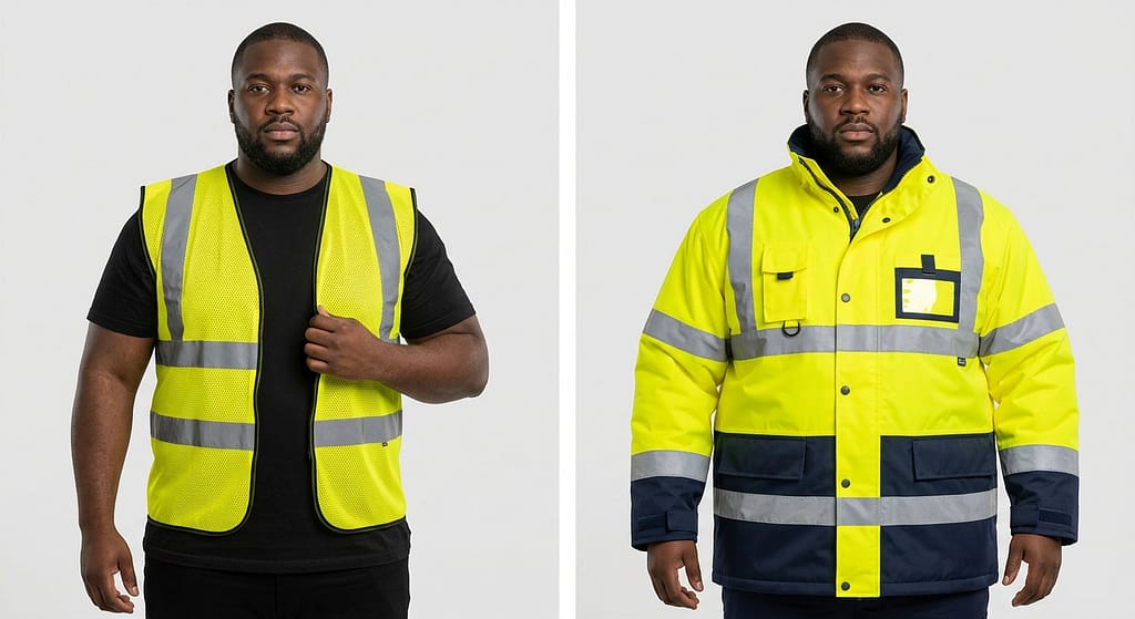 Comparative view of a tight standard vest vs a fully closed 6XL high visibility jacket meeting HSE PPE fit regulations