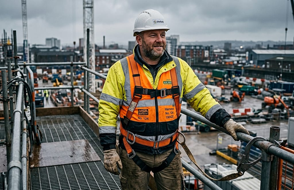 Oversized safety gear UK worker wearing an HSE compliant heavy duty 150kg fall protection harness